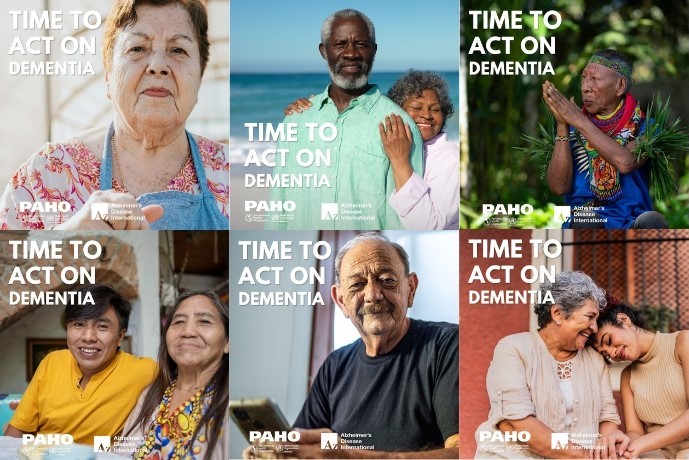 Six images of diverse elderly individuals with the text: 'Time to act on dementia.' Campaign by PAHO and Alzheimer's Disease International.