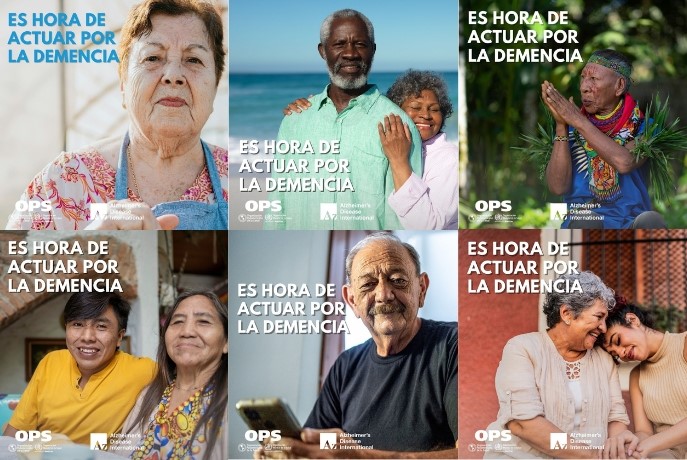 Seis imágenes de personas mayores diversas con el texto: 'Es hora de actuar por la demencia'. Campaña de la OPS y Alzheimer's Disease International.