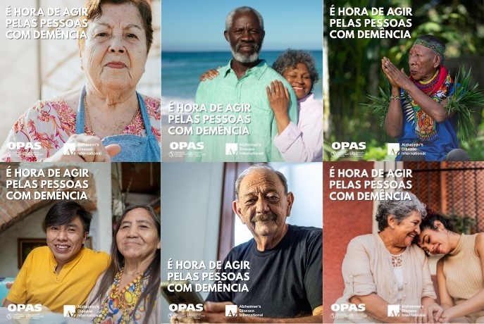 Seis imagens de pessoas idosas diversas com o texto: 'É hora de agir pelas pessoas com demência'. Campanha da OPAS e Alzheimer's Disease International.